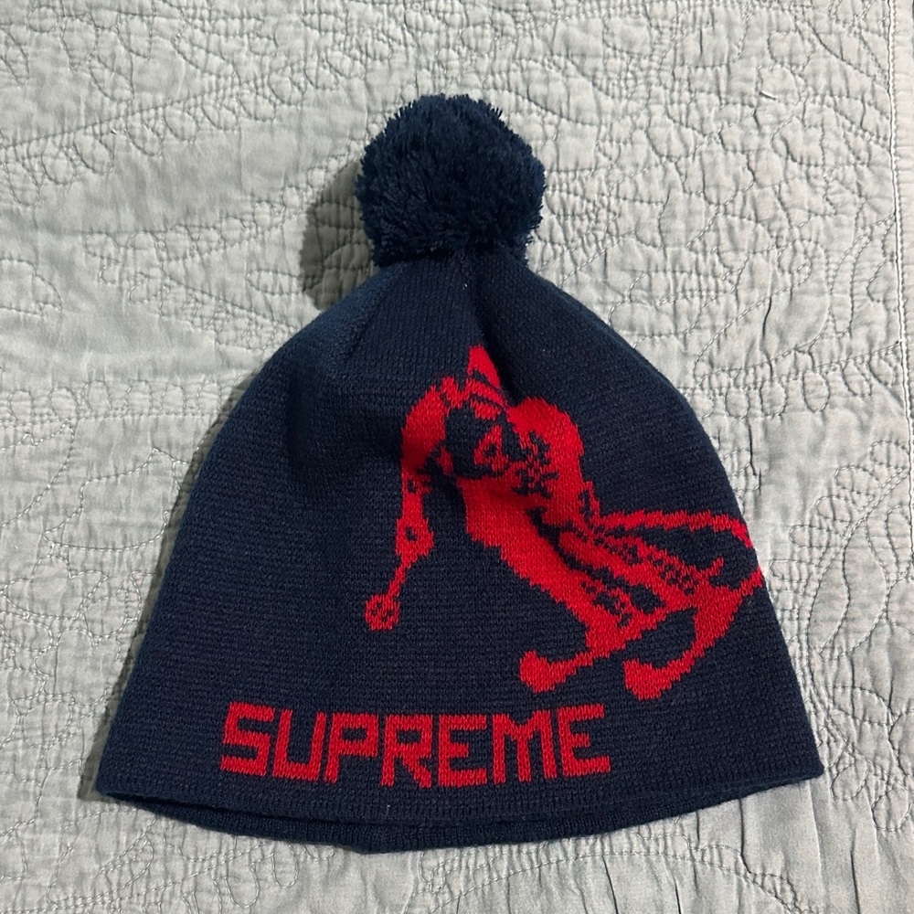 Supreme Dark Blue and Red Graphic Beanie